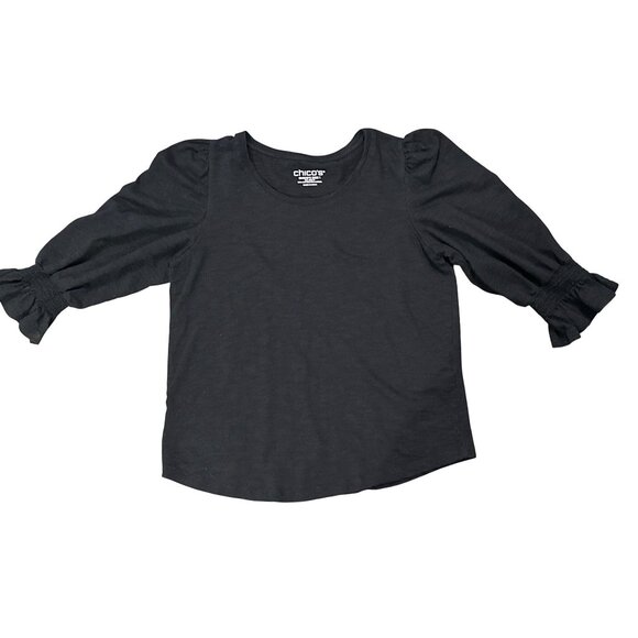 Chicos Size 1 Black Puff Sleeve Smocked Ruffle Cuff Knit Top Modern Minimalist - Picture 10 of 10